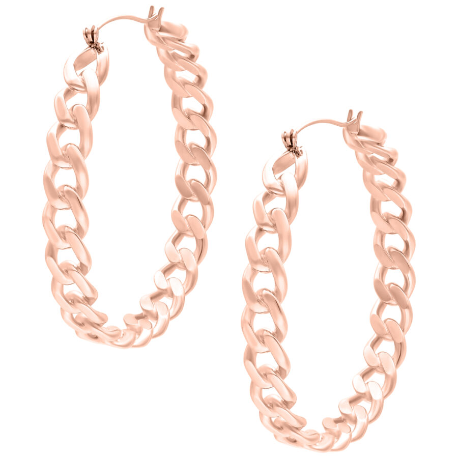 Zwei glänzende Curbchain Hoops aus Roségold auf weißem Hintergrund