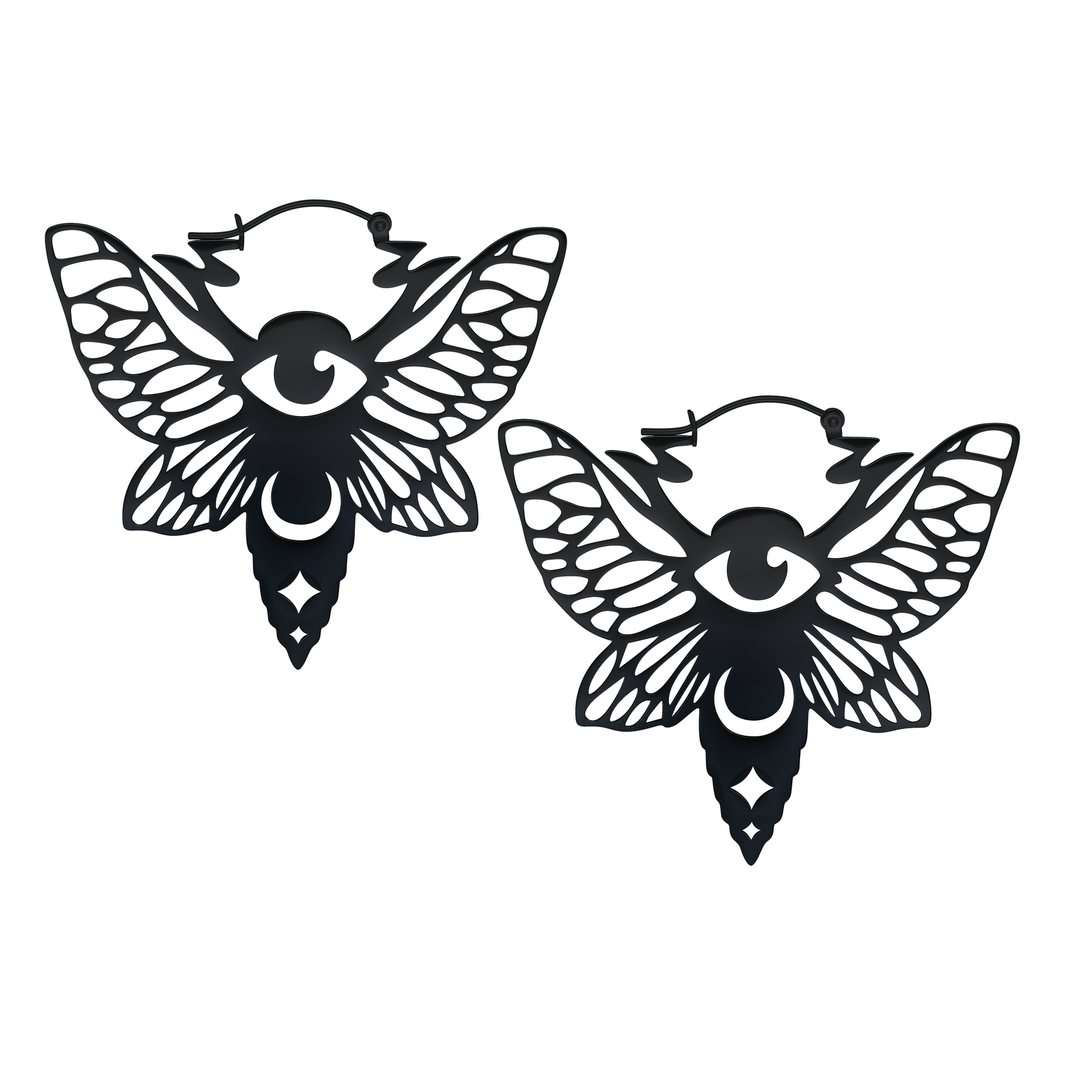 Schwarze Moth Hoops Ohrringe mit Flügel- und Augendesign auf weißem Hintergrund