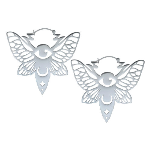 Paar silberne Moth Hoops Ohrringe aus Edelstahl auf weißem Hintergrund