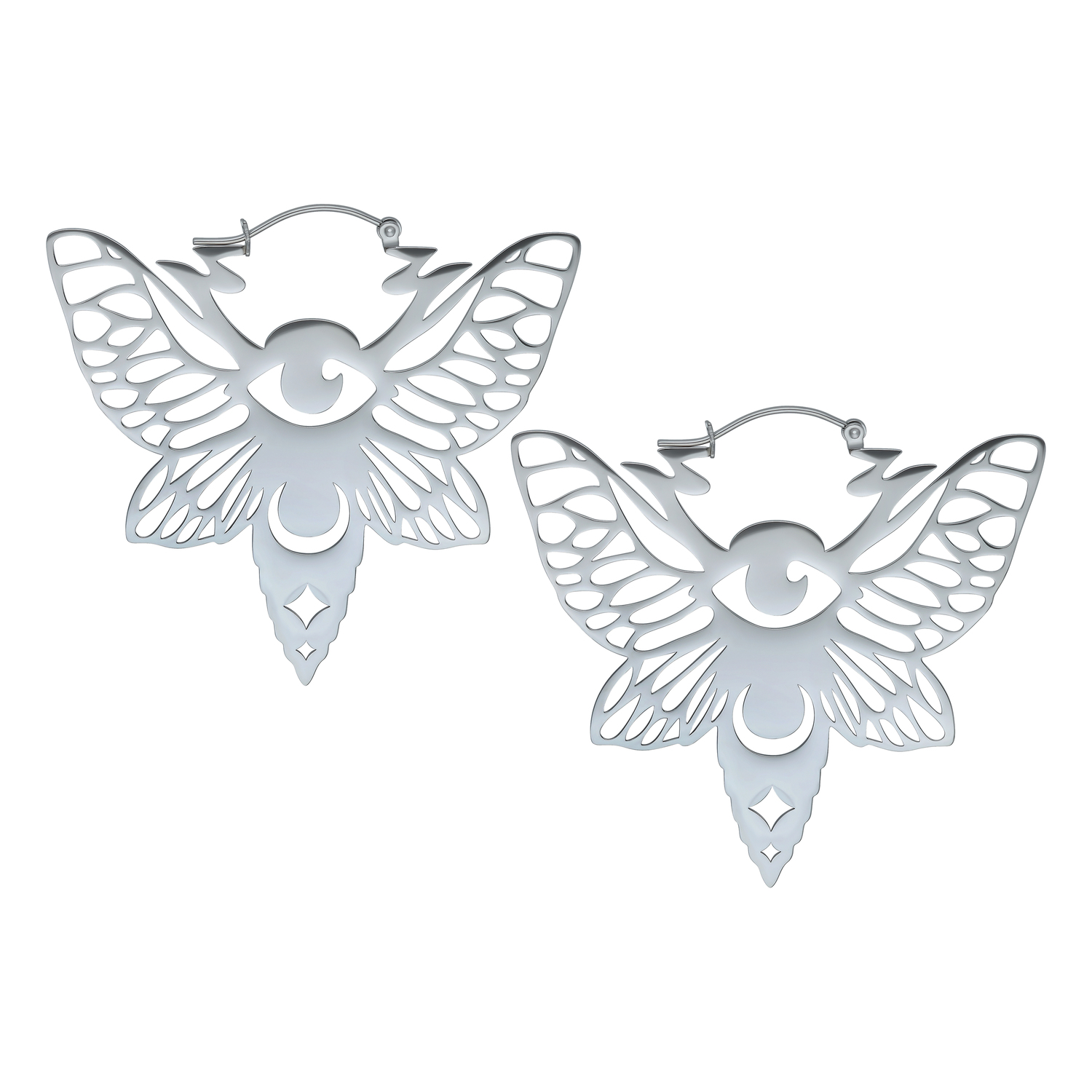 Paar silberne Moth Hoops Ohrringe aus Edelstahl auf weißem Hintergrund