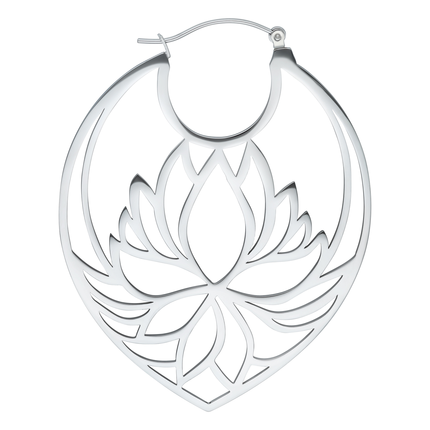 Silberne Lotus Hoops Ohrringe aus Edelstahl auf weißem Hintergrund