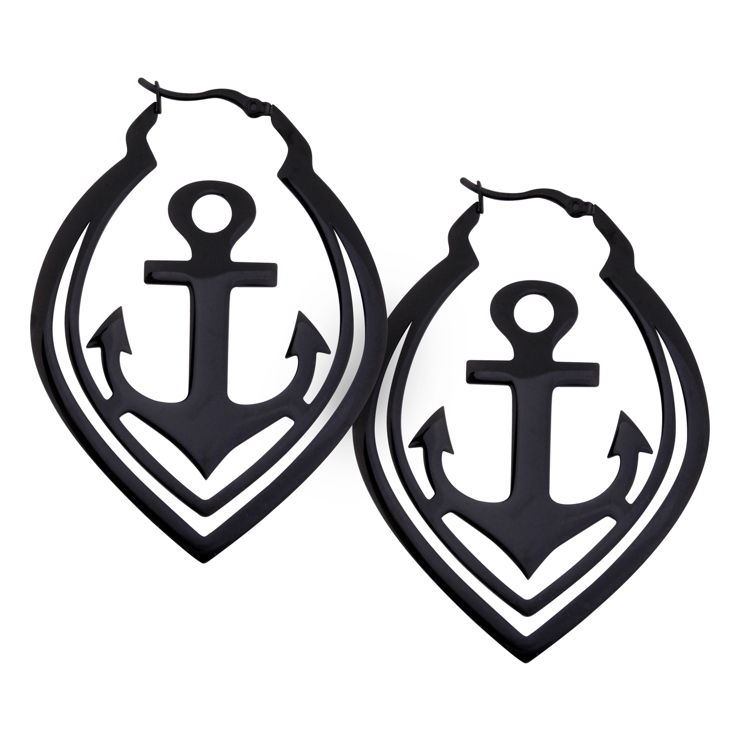 Schwarze Anchor Hoops Ohrringe mit Anker-Design auf weißem Hintergrund