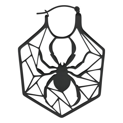 Schwarze Edelstahl-Ohrringe im Spinnennetz-Design auf weißem Hintergrund