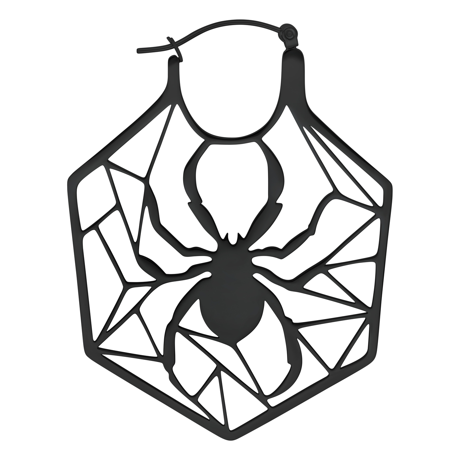 Schwarze Edelstahl-Ohrringe im Spinnennetz-Design auf weißem Hintergrund