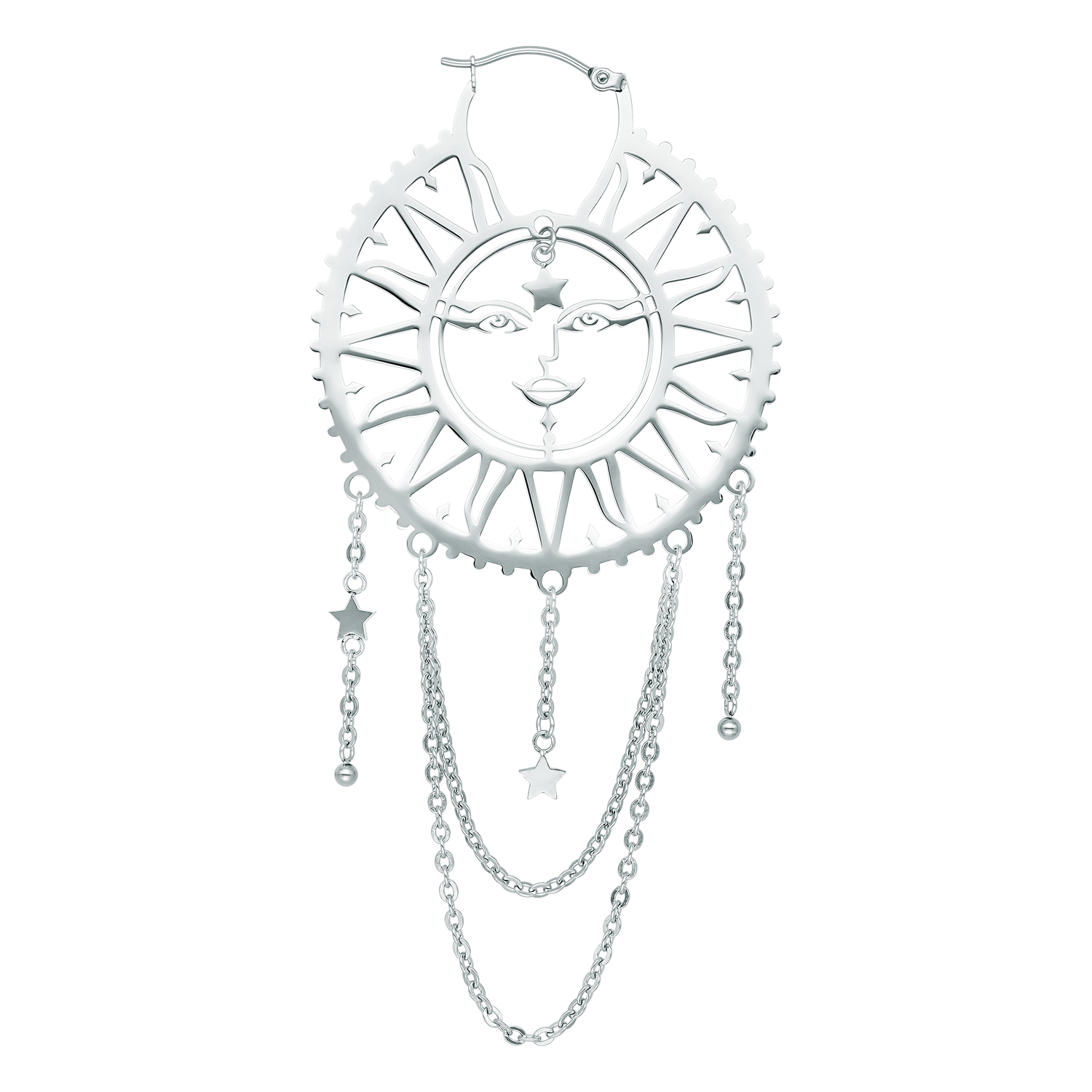 Silberne Oldschool Sun Moon Ohrringe mit Sonne-Mond-Design auf weißem Hintergrund