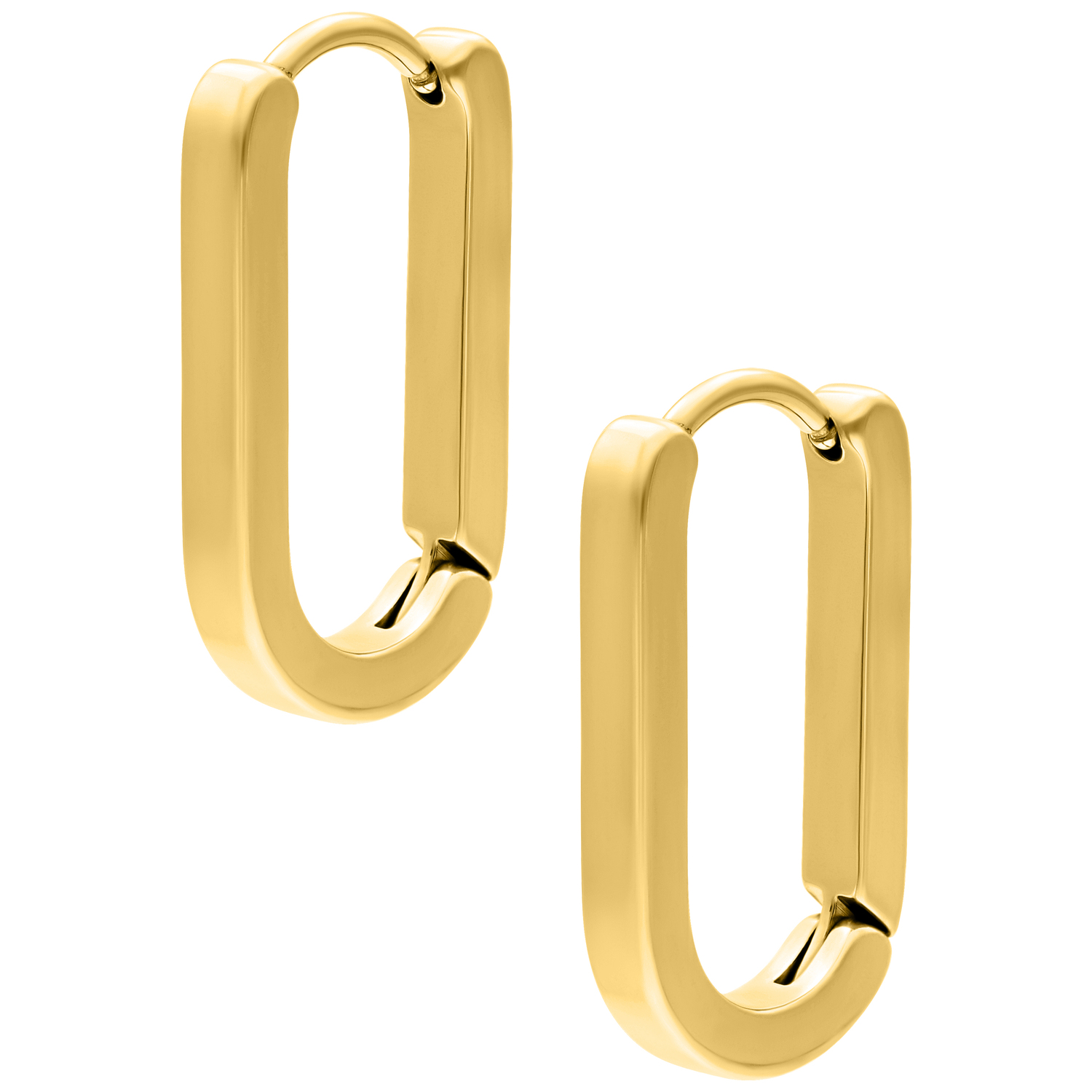 Goldene ovale Creolen mit Klappverschluss auf weißem Hintergrund