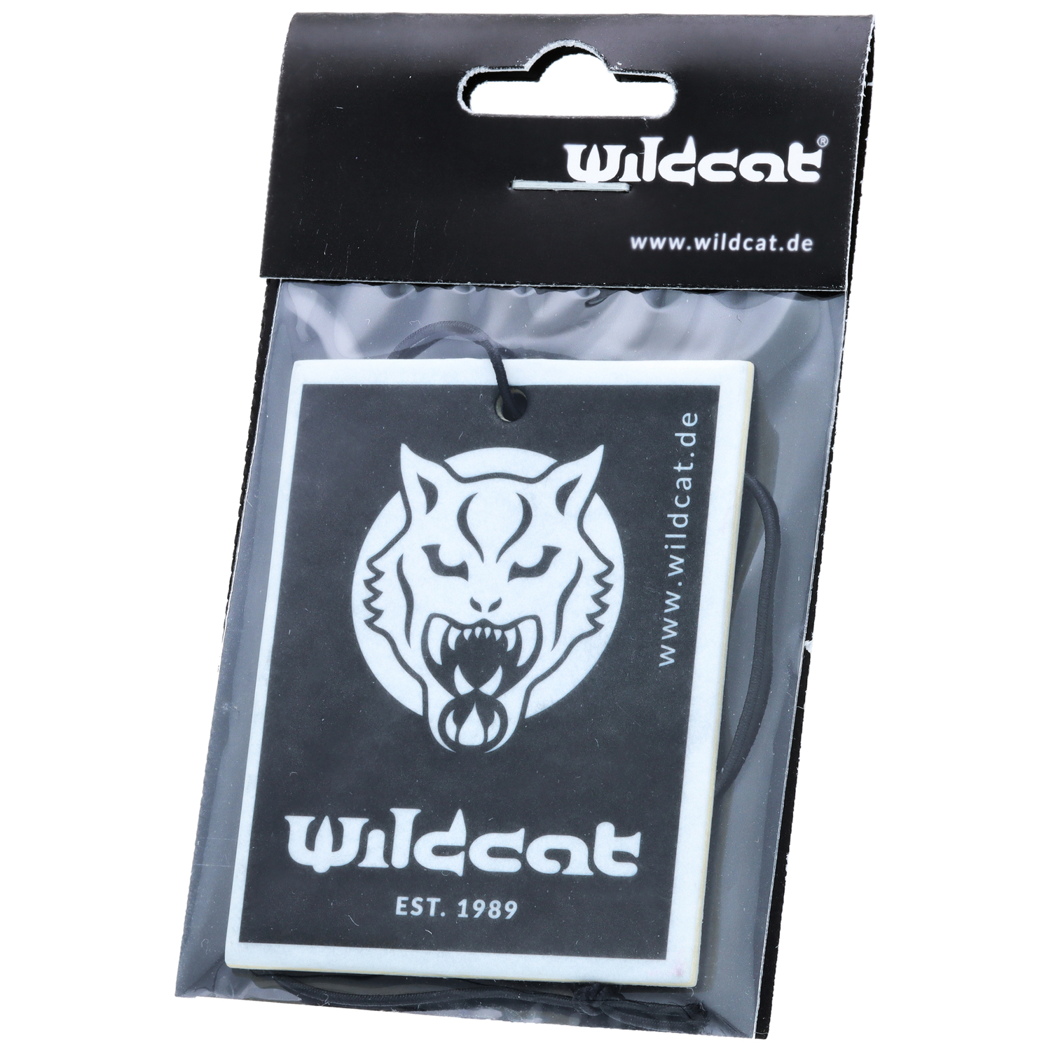 Schwarzer Wildcat Lufterfrischer mit Wolf-Logo, verpackt in Klarsichtfolie