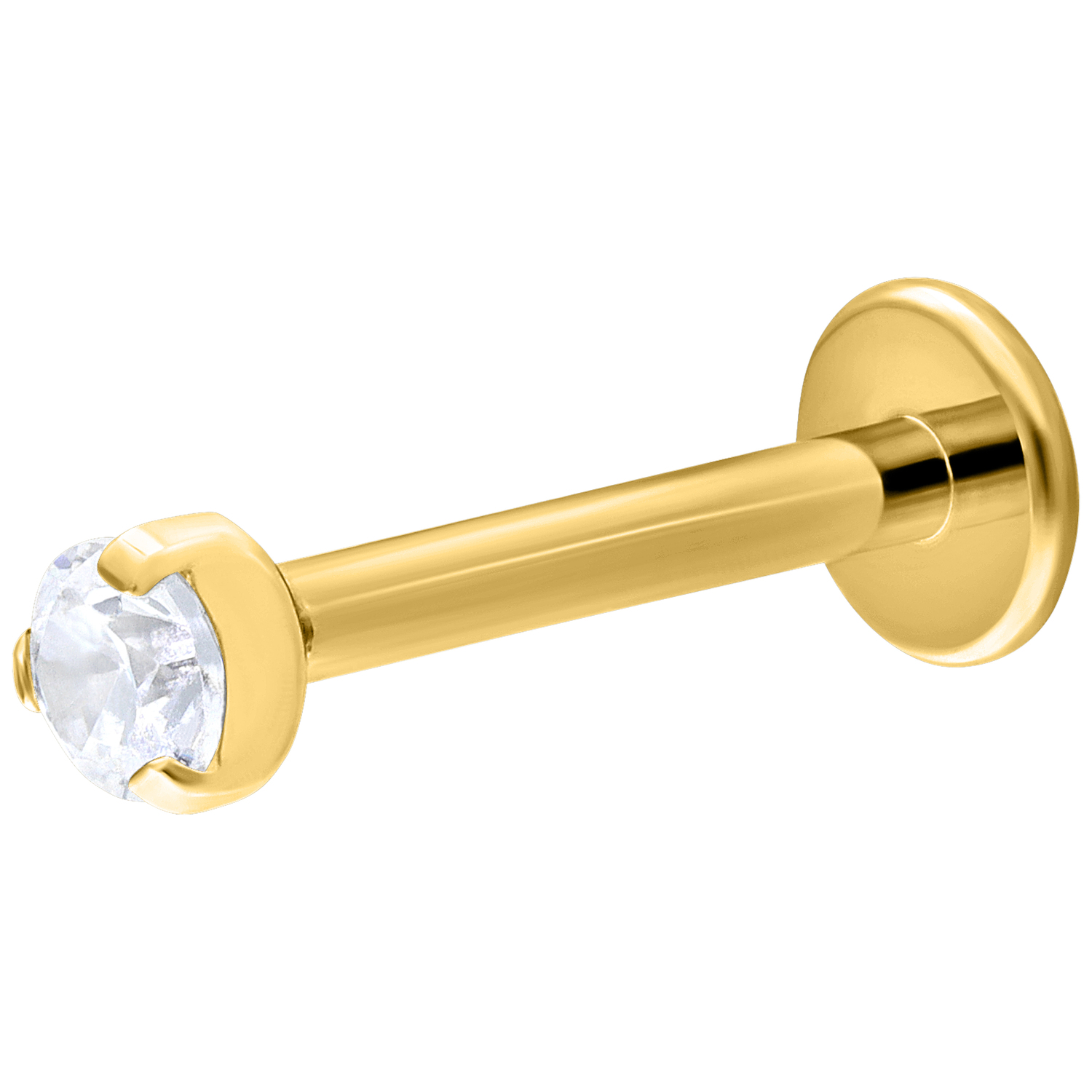 Goldenes Push-Fit Labret mit klarem Kristall auf weißem Hintergrund