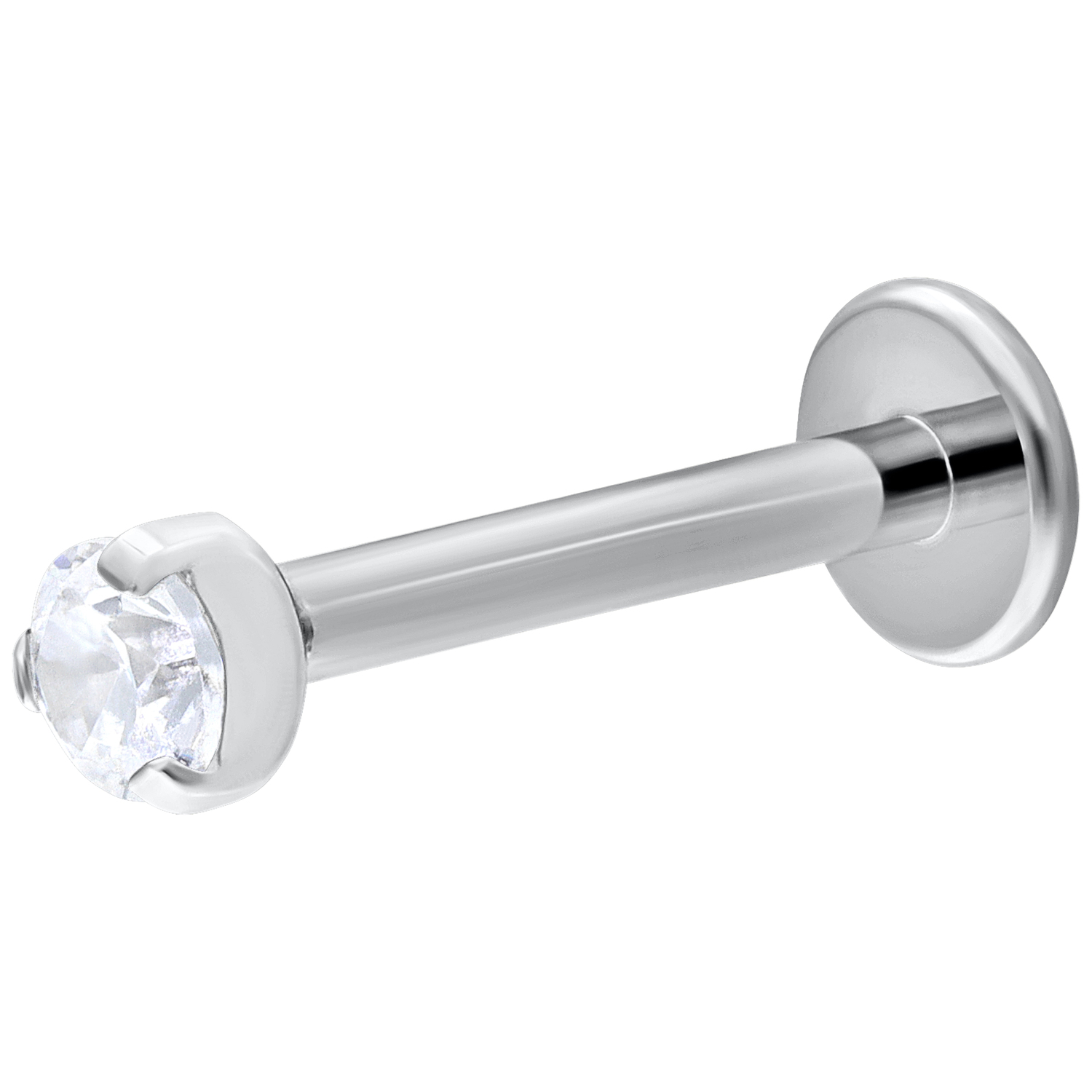 Weißgold Push-Fit Labret mit kristallklarem Stein, Länge 6 mm, Kugelgröße 2 mm, auf weißem Hintergrund