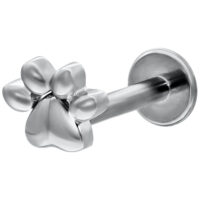 Weißgold Labret mit Kleiner Pfote - 12mm Labret aus Weißgold mit Pfotenmotiv und Push-Fit Verschluss auf weißem Hintergrund