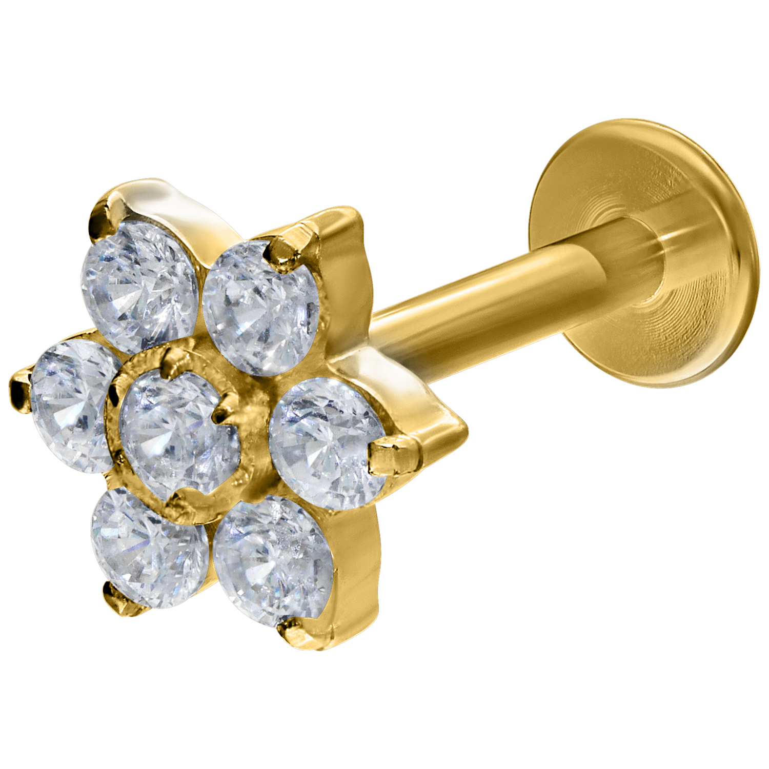 Goldenes Crystal Flower Push-Fit Labret 12mm Goldenes Labret mit kristallklaren Blütenkristallen auf weißem Hintergrund
