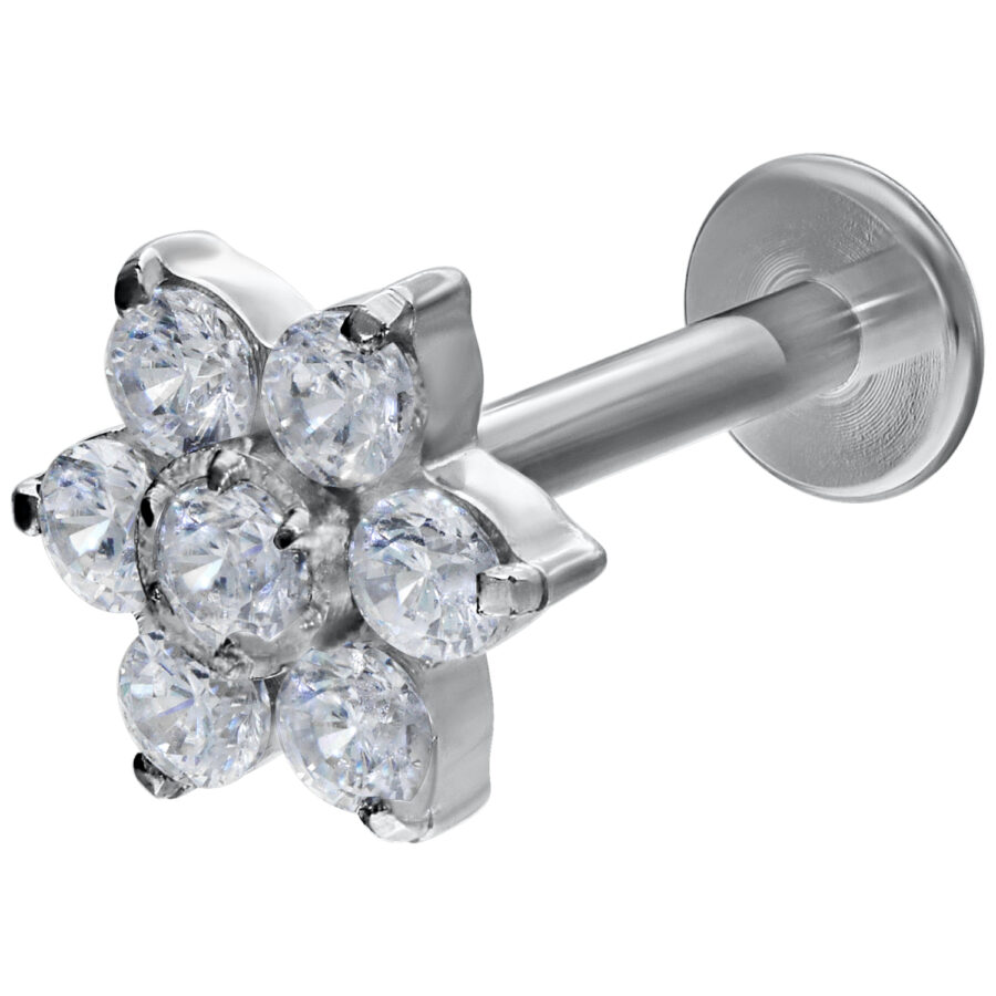 Crystal Flower Labret mit klaren Kristallen, 12 mm Länge, weißgoldene Farbe