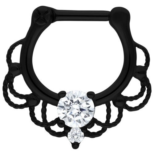 Eleganter schwarzer Septum Clicker mit klaren Kristallsteinen auf weißem Hintergrund