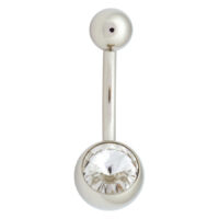 Kristallklarer Bauchnabel Bananabell 1,6mm Silberner Bauchnabel Bananabell mit klarem Kristall auf weißem Hintergrund