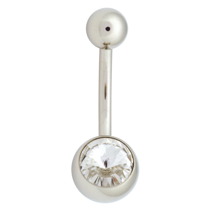 Kristallklarer Bauchnabel Bananabell 1,6mm Silberner Bauchnabel Bananabell mit klarem Kristall auf weißem Hintergrund