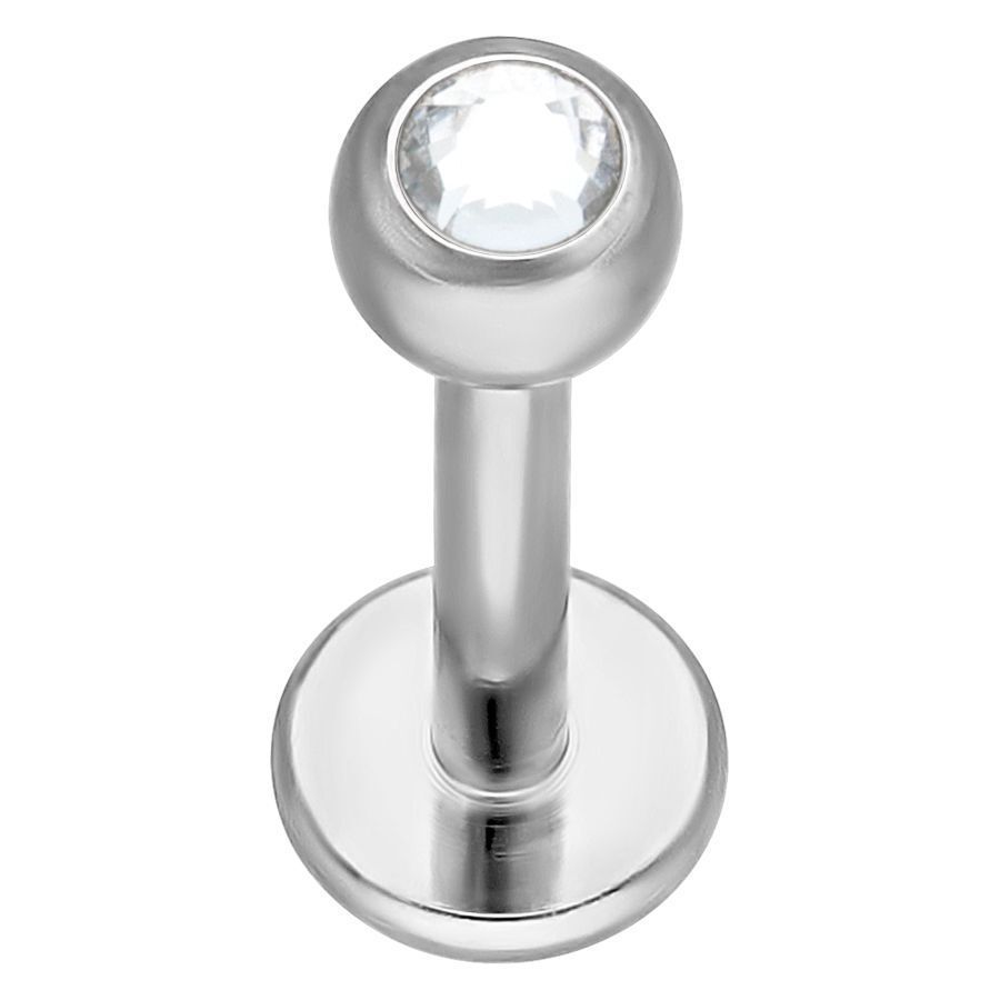 Silbernes Titan Labret mit Kristall Silbernes Labret aus Titan mit klarem Kristall auf weißem Hintergrund