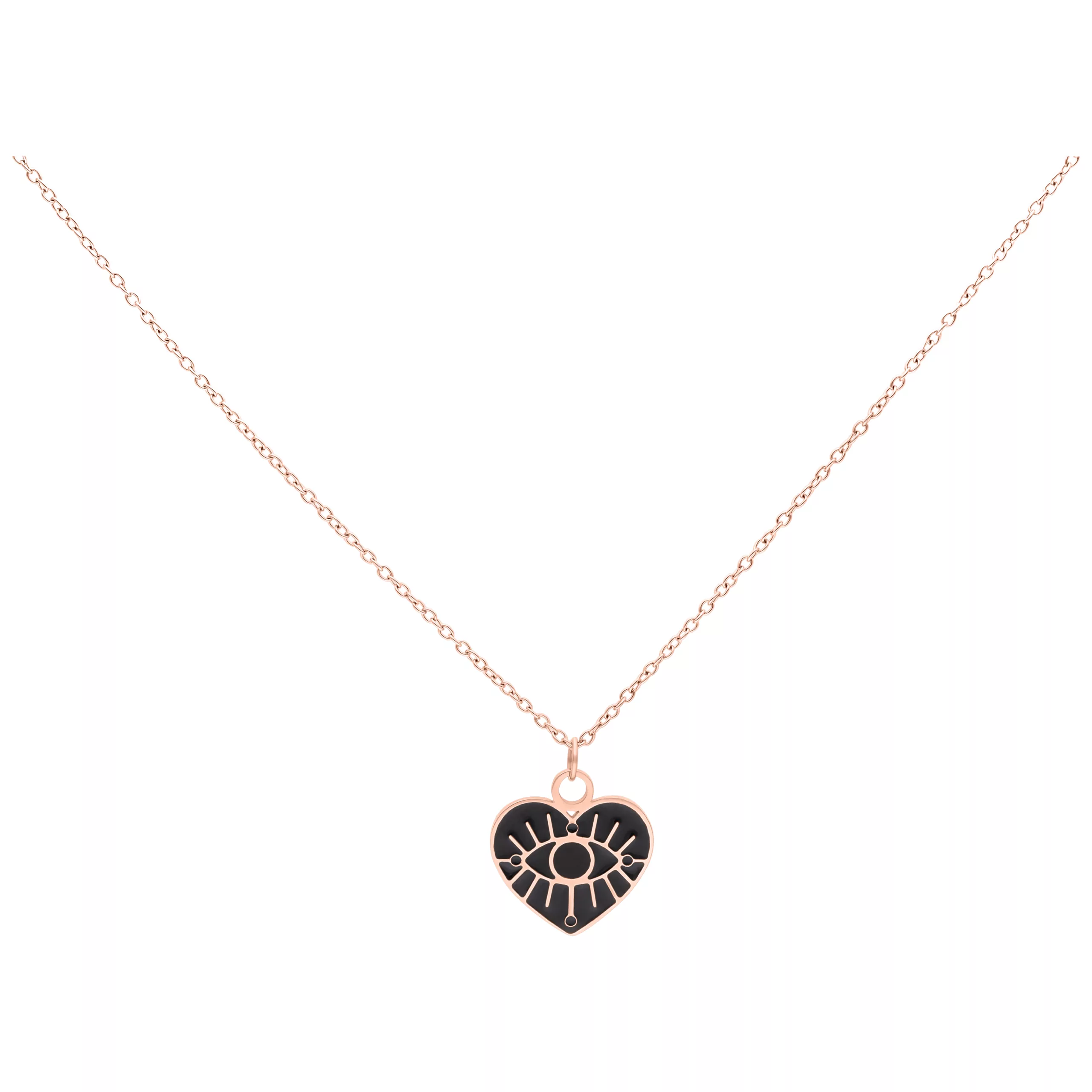 Roségoldene Kette mit Herzanhänger und Auge-Motiv auf weißem Hintergrund