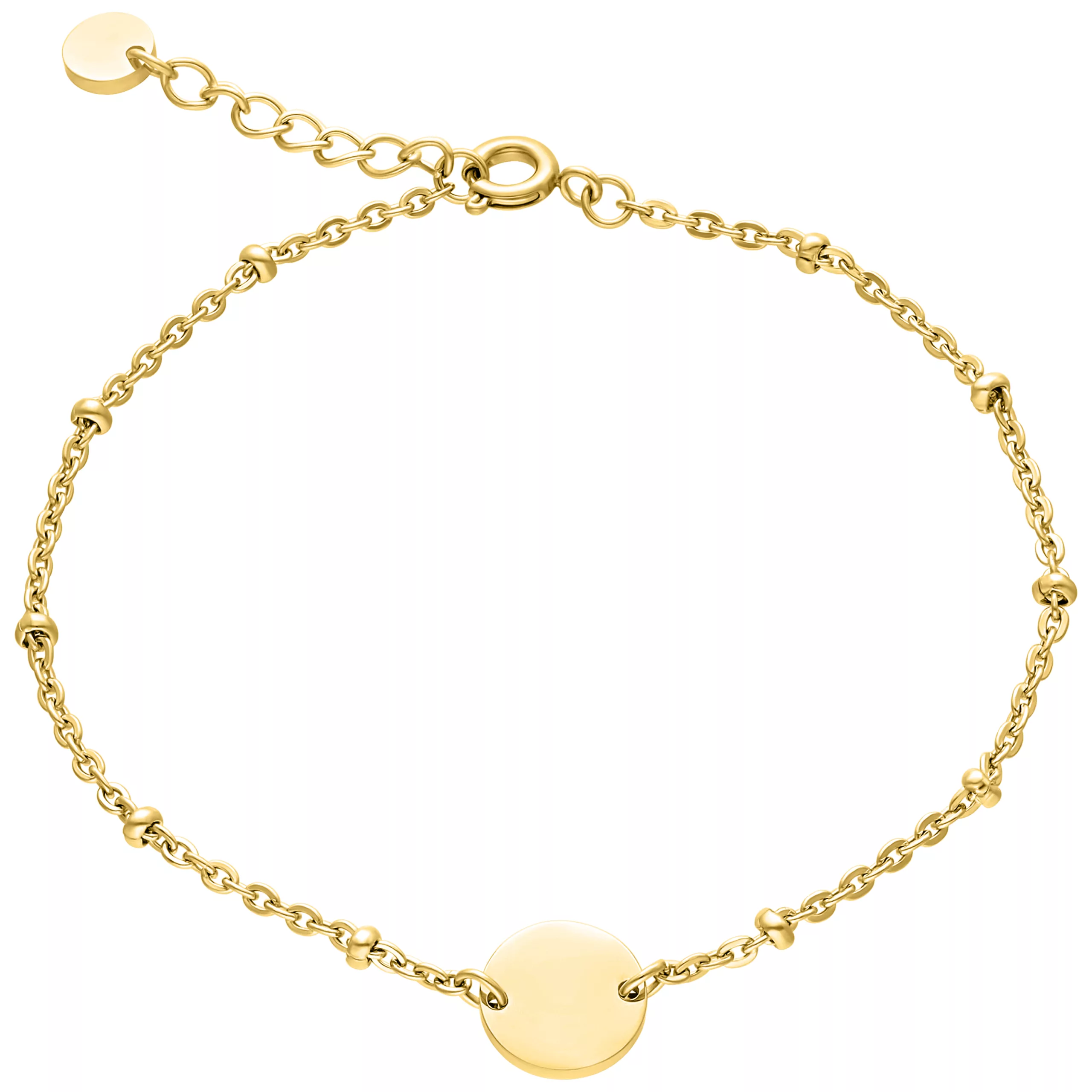 Goldfarbenes Armband aus Chirurgenstahl mit Gravurplatte auf weißem Hintergrund