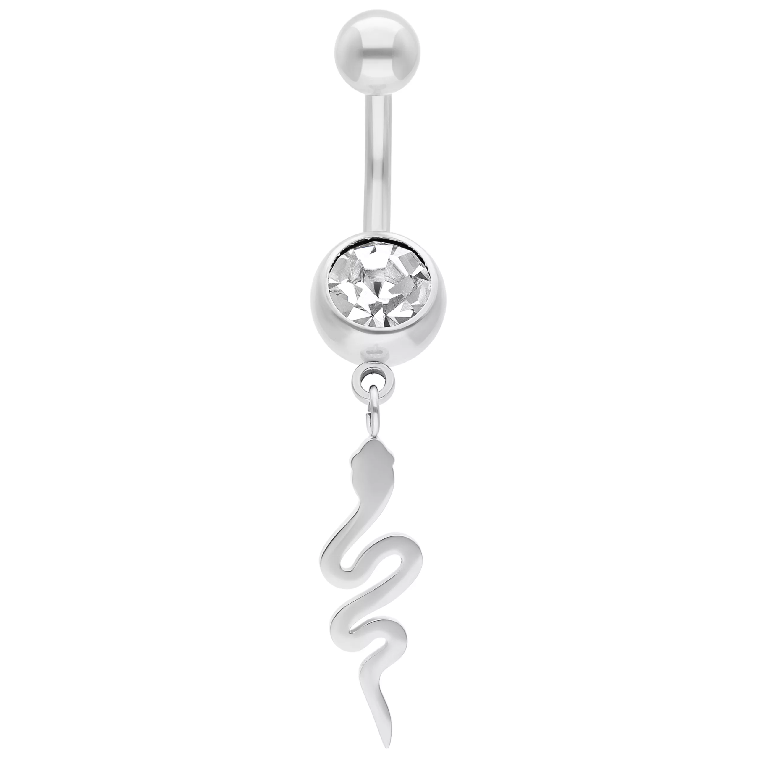 Bauchnabelpiercing aus Silber mit Kristall und Schlangenanhänger auf weißem Hintergrund