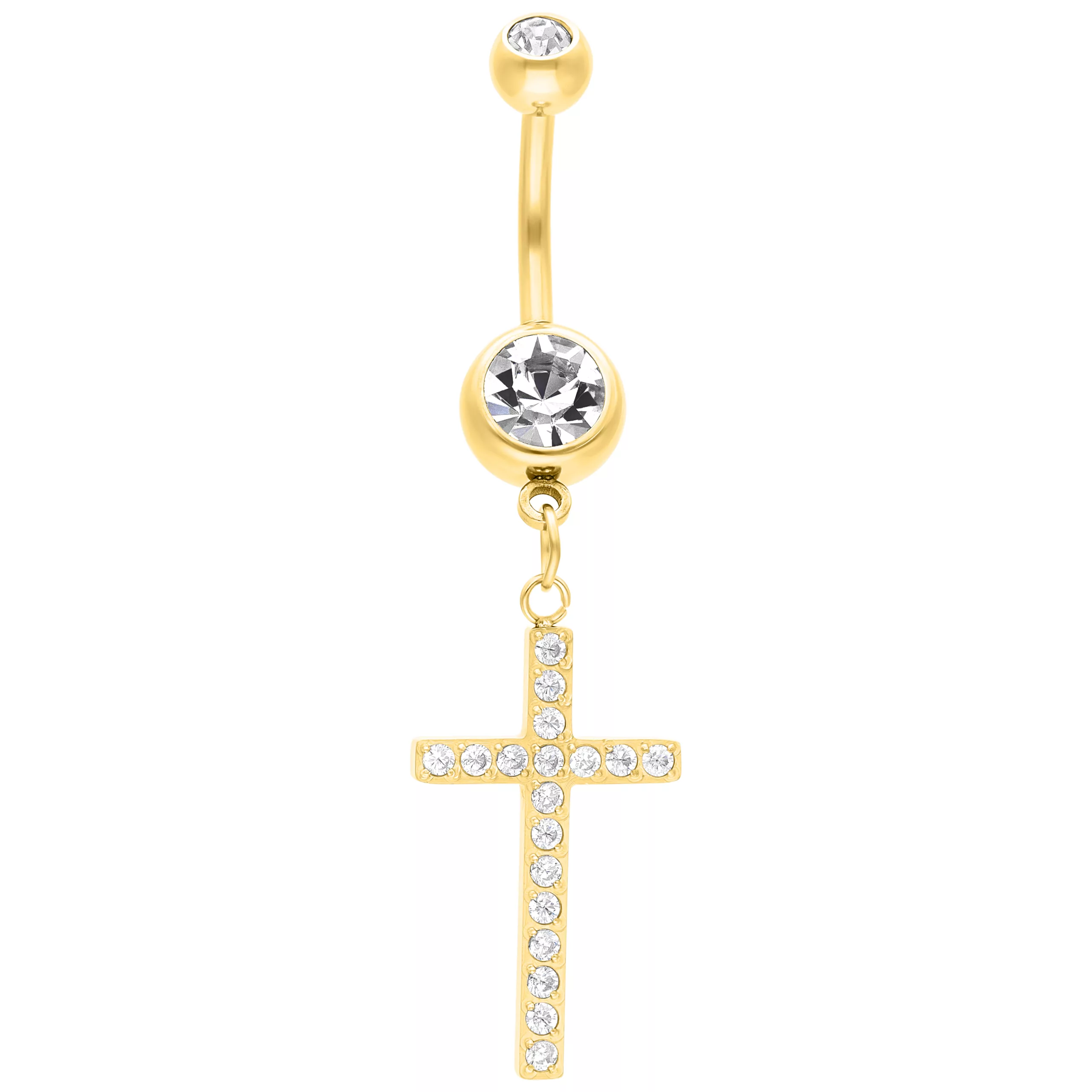 Goldenes Bauchnabelpiercing mit funkelndem Kreuzanhänger auf weißem Hintergrund