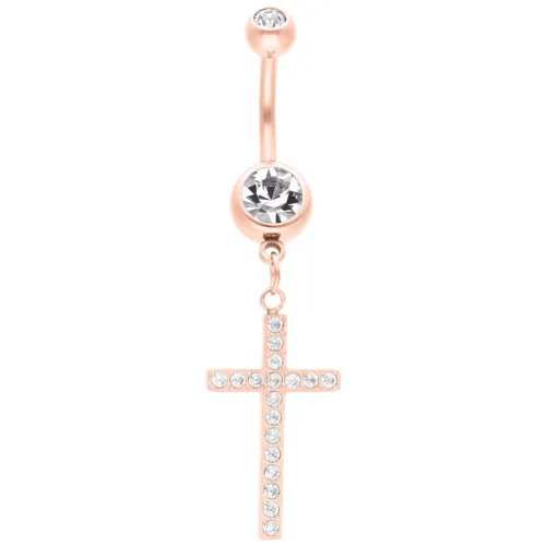 Bauchnabelpiercing in Roségold mit Kreuzanhänger und klaren Kristallen auf weißem Hintergrund