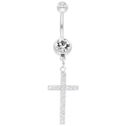 Silbernes Bauchnabelpiercing mit hängendem Kreuz und klaren Kristallen auf weißem Hintergrund