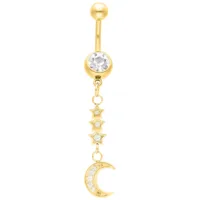 Goldenes Mond-Bauchnabelpiercing mit Kristallen Goldenes Bananabell mit klarem Kristall und Mondanhänger auf weißem Hintergrund