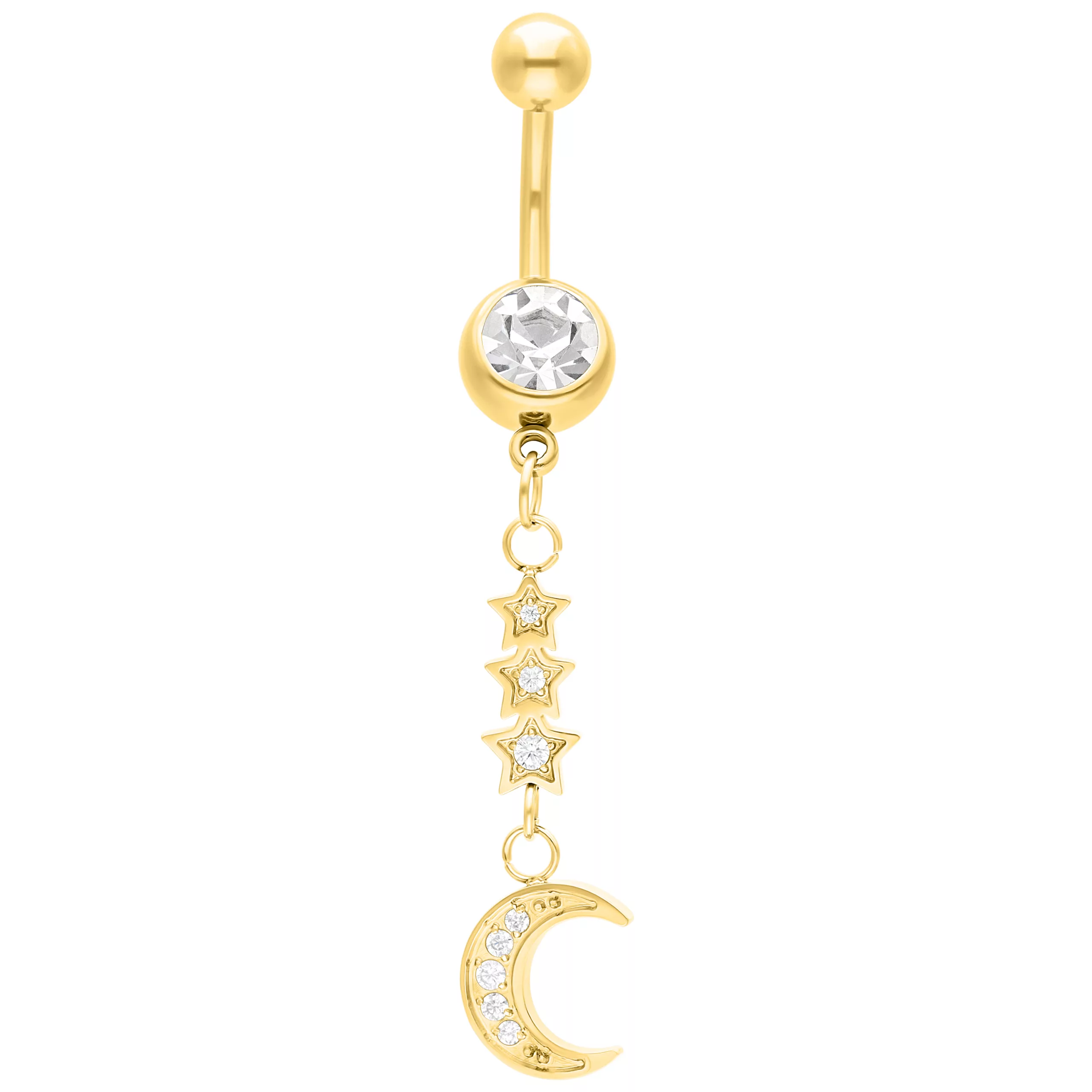 Goldenes Mond-Bauchnabelpiercing mit Kristallen Goldenes Bananabell mit klarem Kristall und Mondanhänger auf weißem Hintergrund
