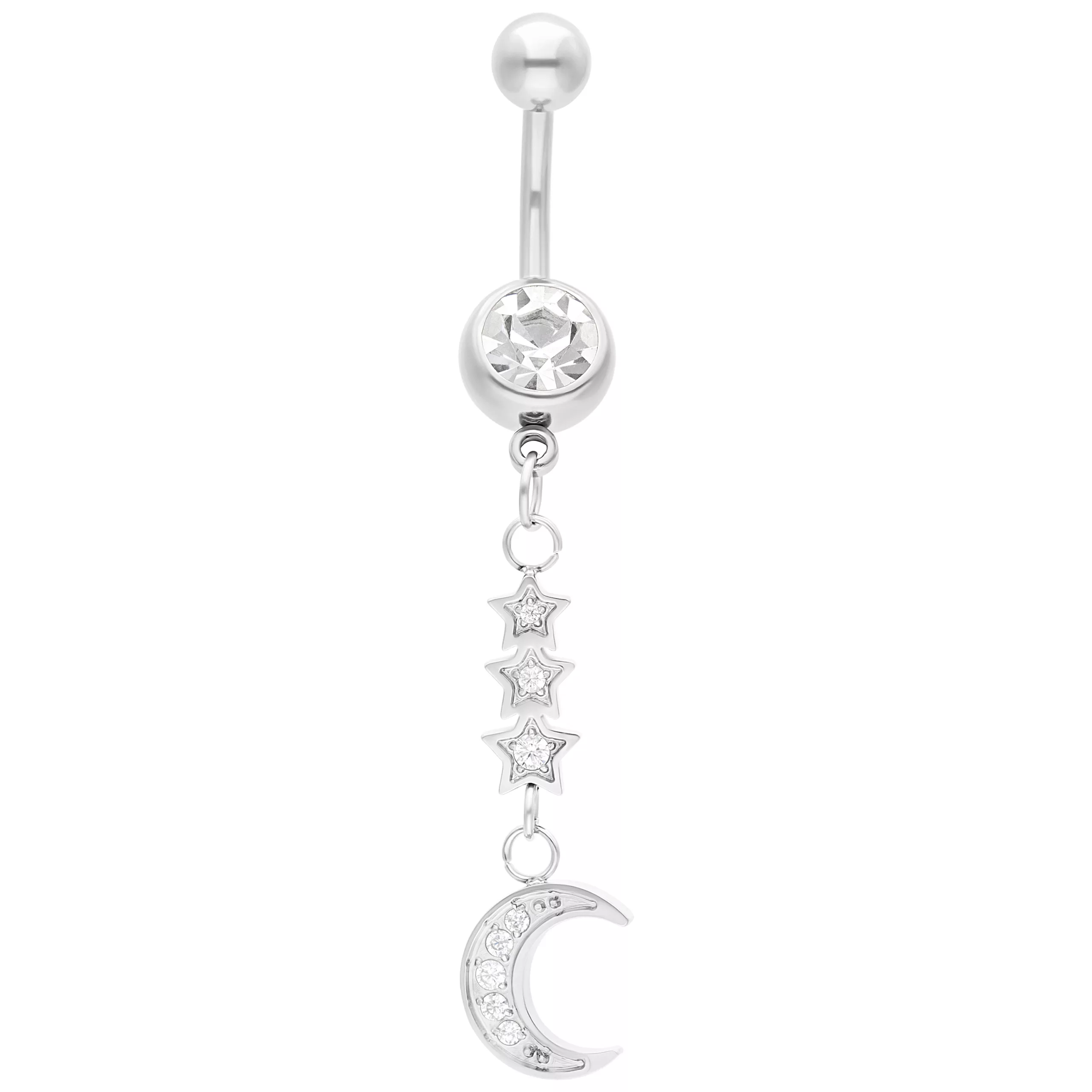 Silbernes Bananabell mit Mond und Sternen Bauchnabelpiercing mit silbernem Mondanhänger und Sternen auf weißem Hintergrund