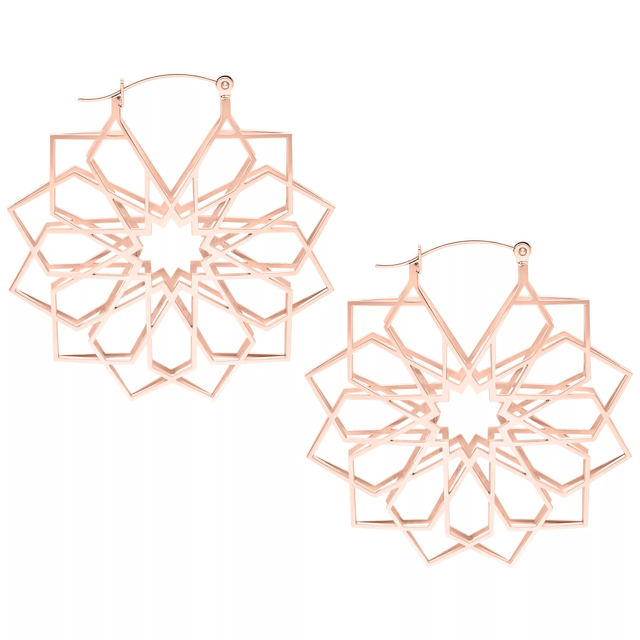 Kaleidoscope Hoops in Roségold Roségoldene Kaleidoscope Hoops Ohrringe auf weißem Hintergrund