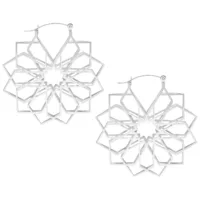 Silberne Kaleidoskop Hoops aus Chirurgenstahl Zwei silberne Kaleidoskop Ohrringe aus Chirurgenstahl auf weißem Hintergrund
