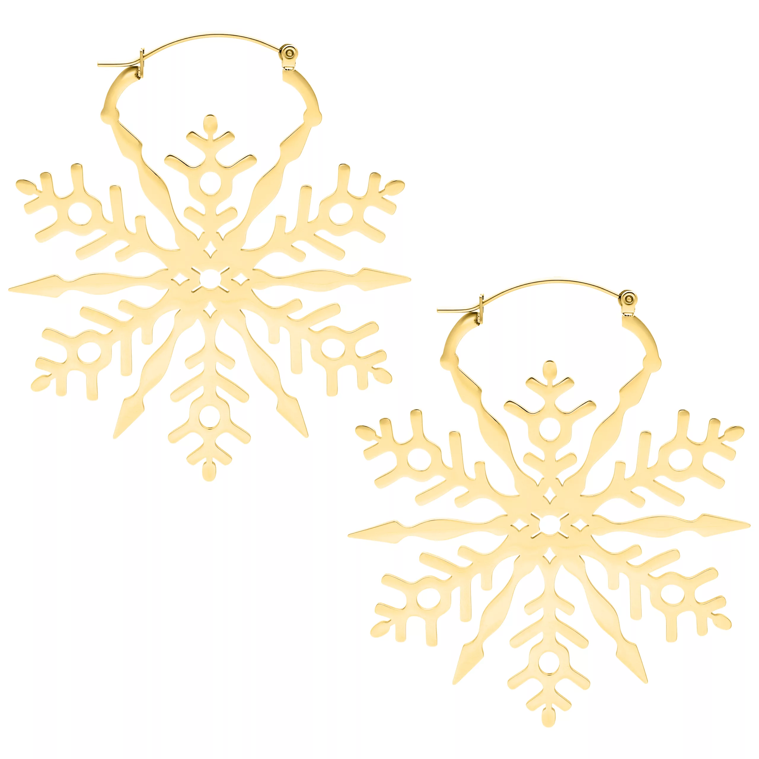 Goldene Schneeflocken-Ohrringe aus Chirurgenstahl Zwei goldene Ohrringe in Form von Schneeflocken auf weißem Hintergrund
