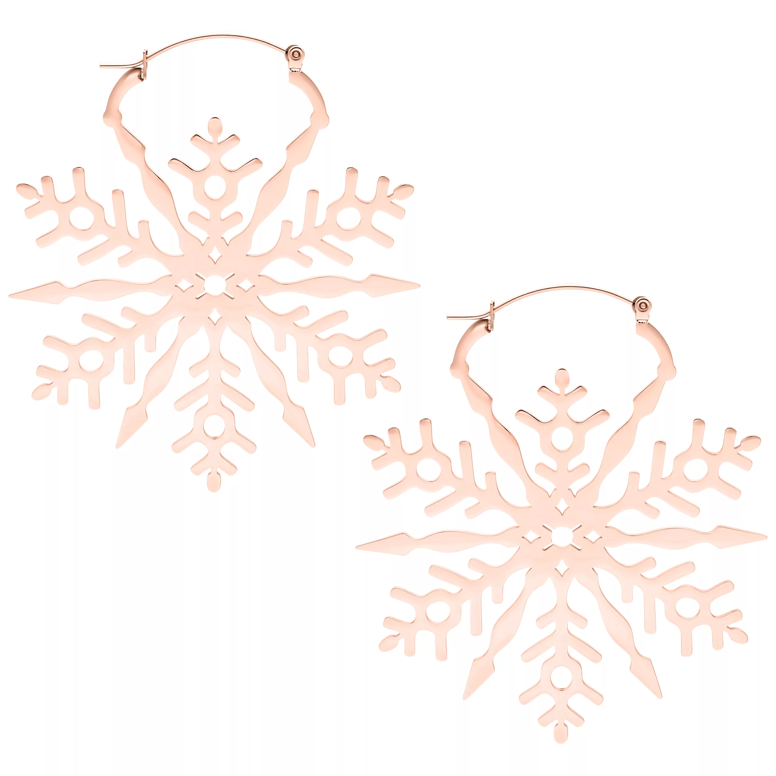 Roségoldene Schneeflocken-Ohrringe aus Edelstahl Zwei roségoldene Schneeflocken-Ohrringe aus Edelstahl auf weißem Hintergrund