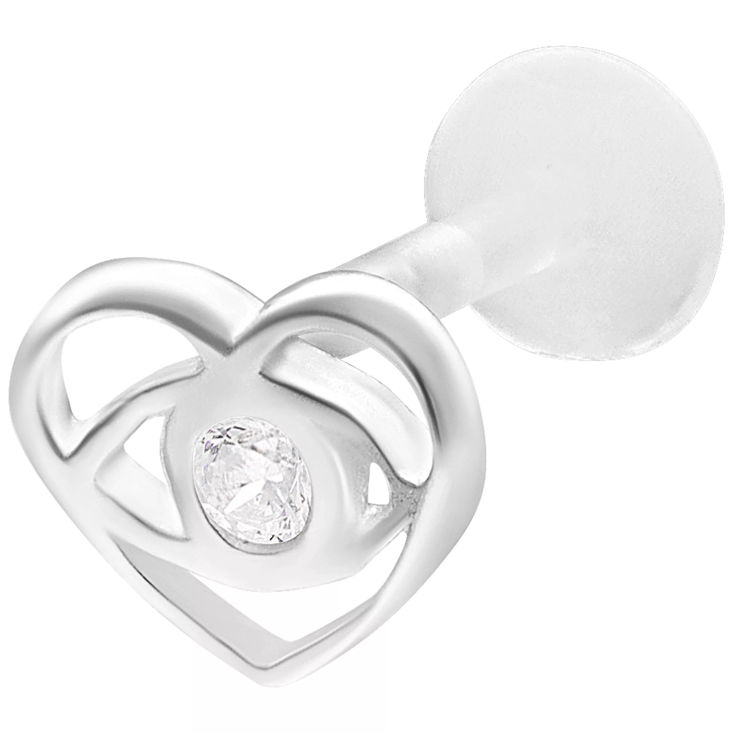 Silbernes Labret Piercing mit Herzform und klarem Stein auf weißem Hintergrund