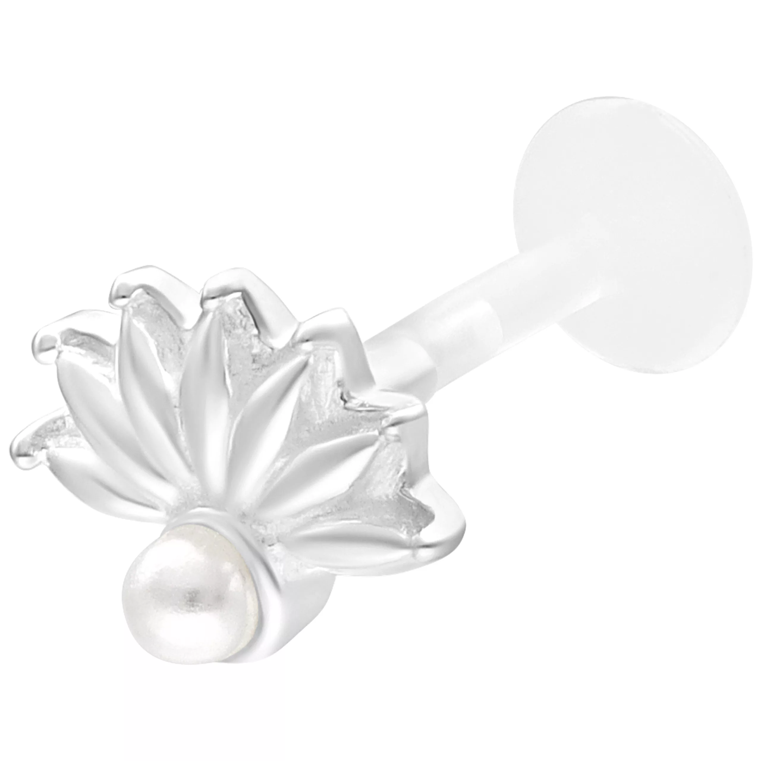 Silbernes Labret mit Pfauenauge-Design und Perlenaufsatz auf weißem Hintergrund