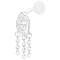 Linda Push Fit Labret mit Ketten und Kristall Silbernes Labret-Piercing mit Tropfenkristall und drei Ketten auf weißem Hintergrund
