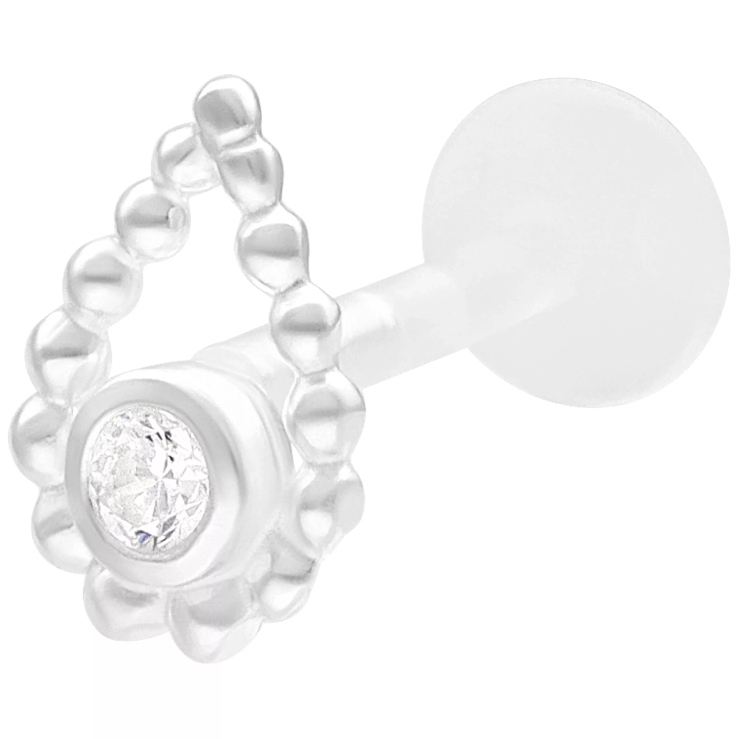 Silbernes Labret mit Perlenring und Stein auf weißem Hintergrund