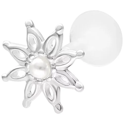 Silbernes Blumen Labret mit Perlenaufatz auf weißem Hintergrund