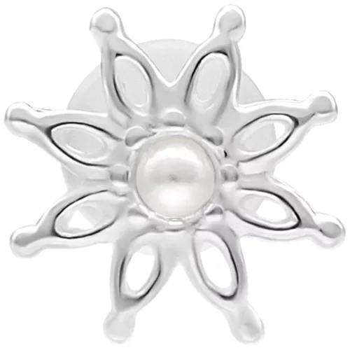 Silbernes Labret mit blumenförmigem Design und Perlendetail auf weißem Hintergrund