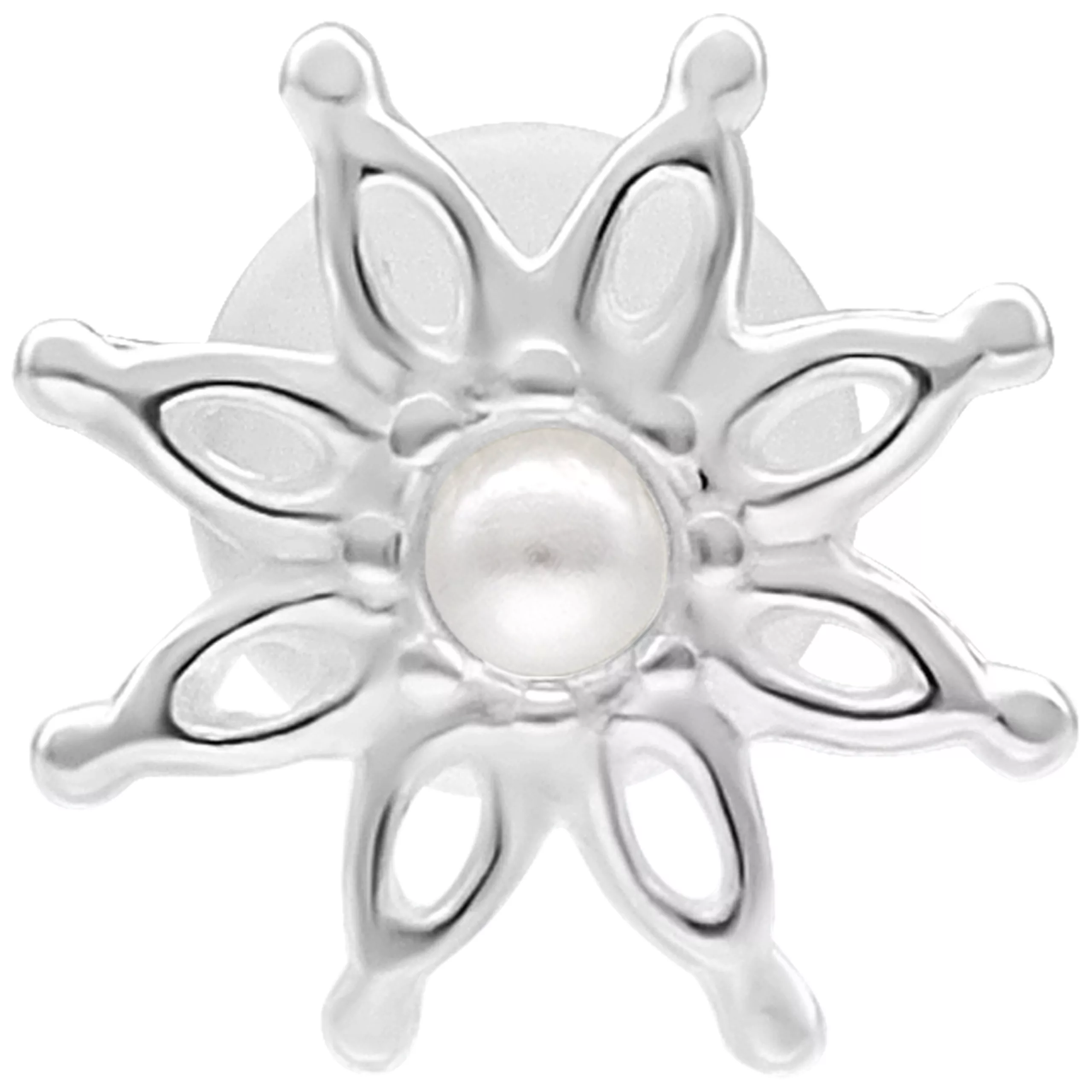 Silbernes Labret mit blumenförmigem Design und Perlendetail auf weißem Hintergrund