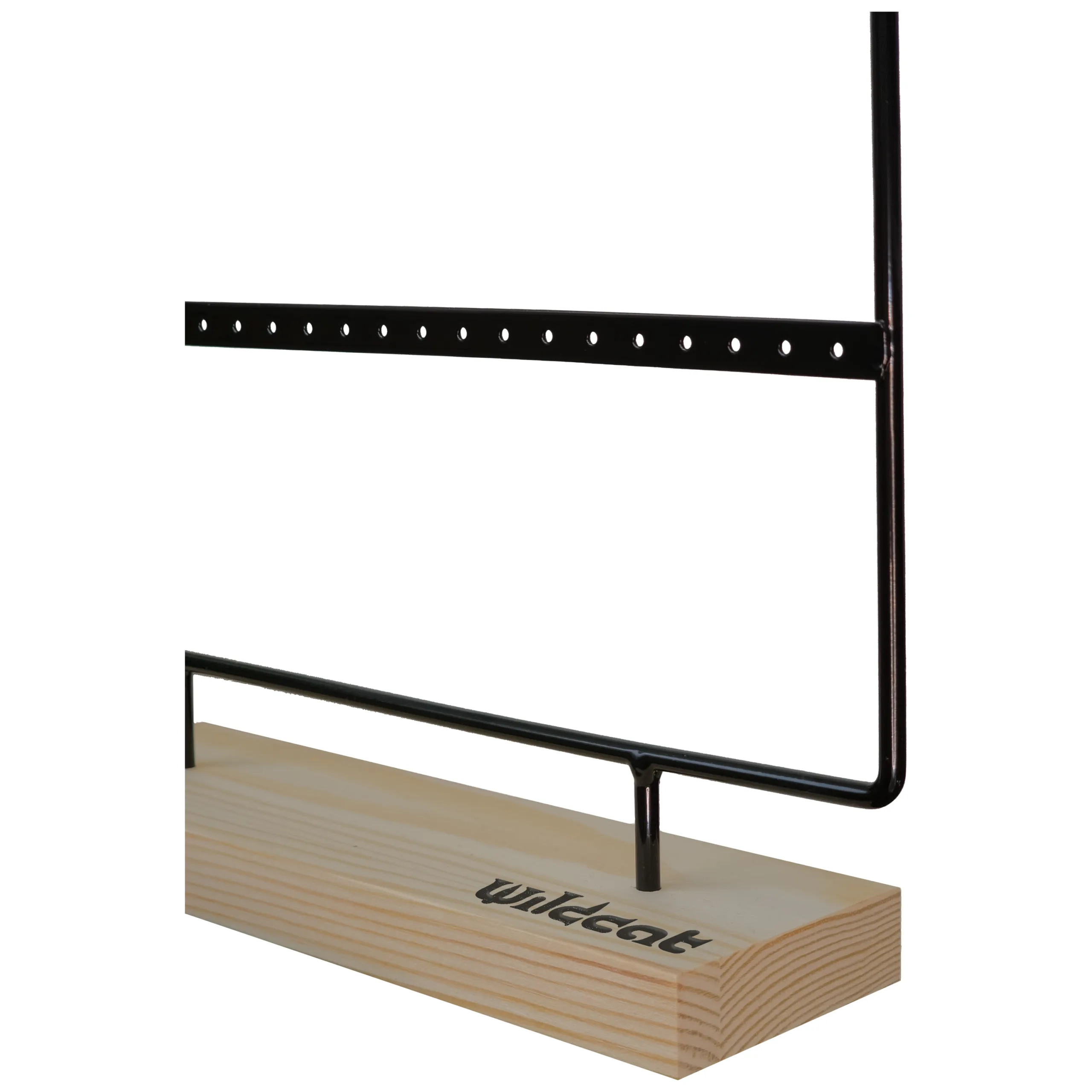 Schwarzes Display für Little Hoops auf Holzfuß Schwarzes Metall-Display für Ohrringe auf Holzfuß, seitliche Ansicht