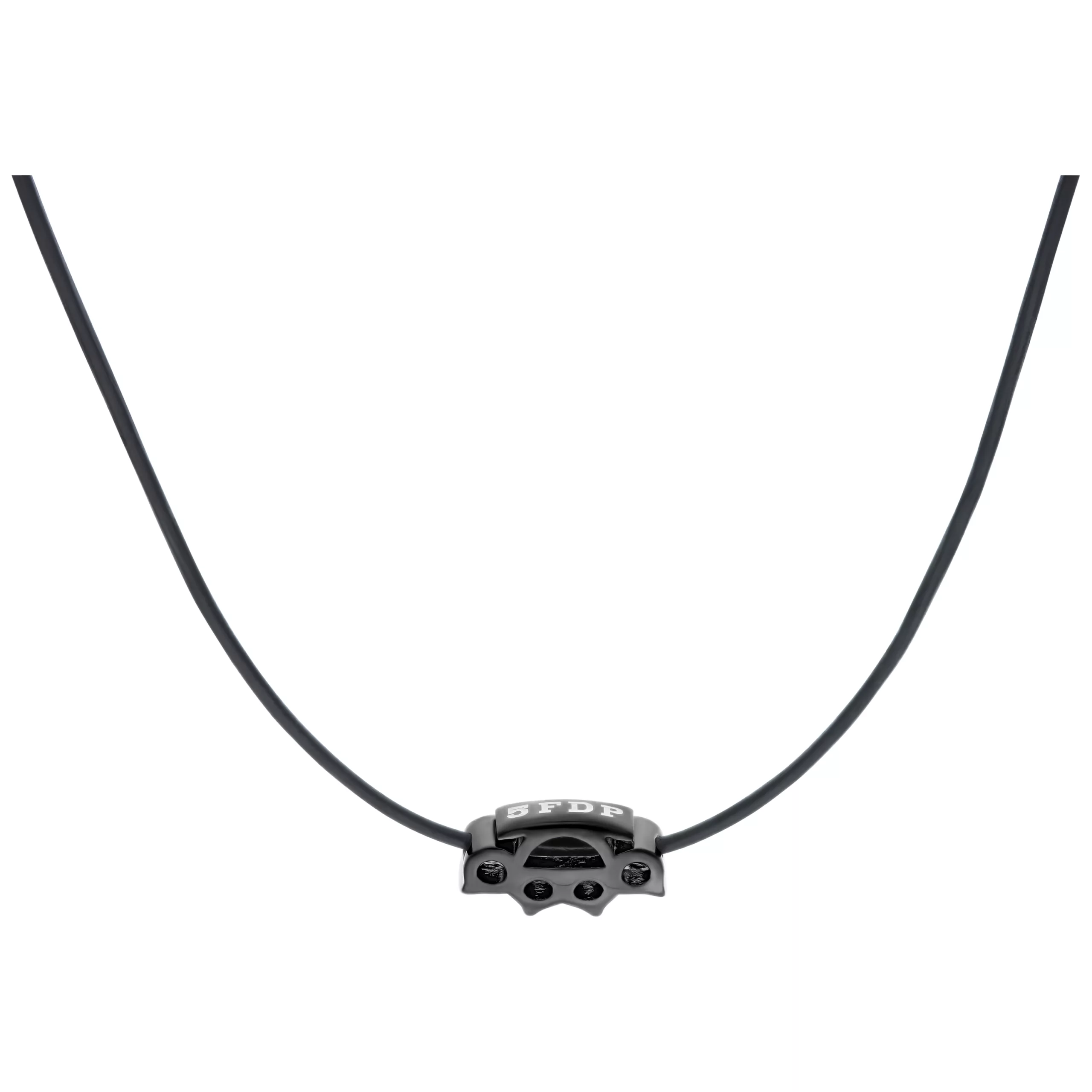 Schwarze Lederkette mit 5FDP Charm aus schwarzem Chirurgenstahl auf weißem Hintergrund