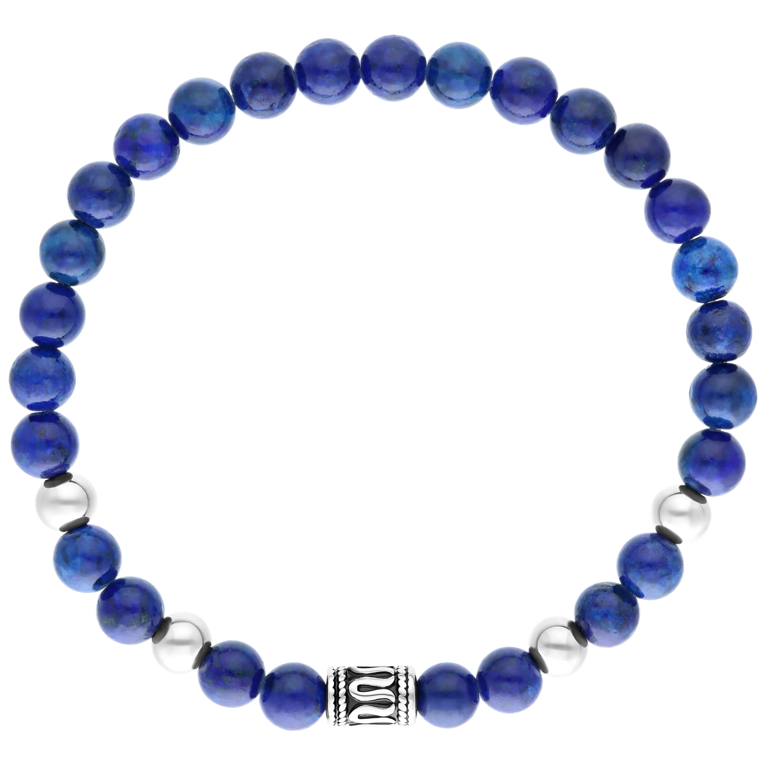 Blaues Steinarmband mit Silberperlen Rundes Armband aus blauen Steinen und Silberperlen auf weißem Hintergrund