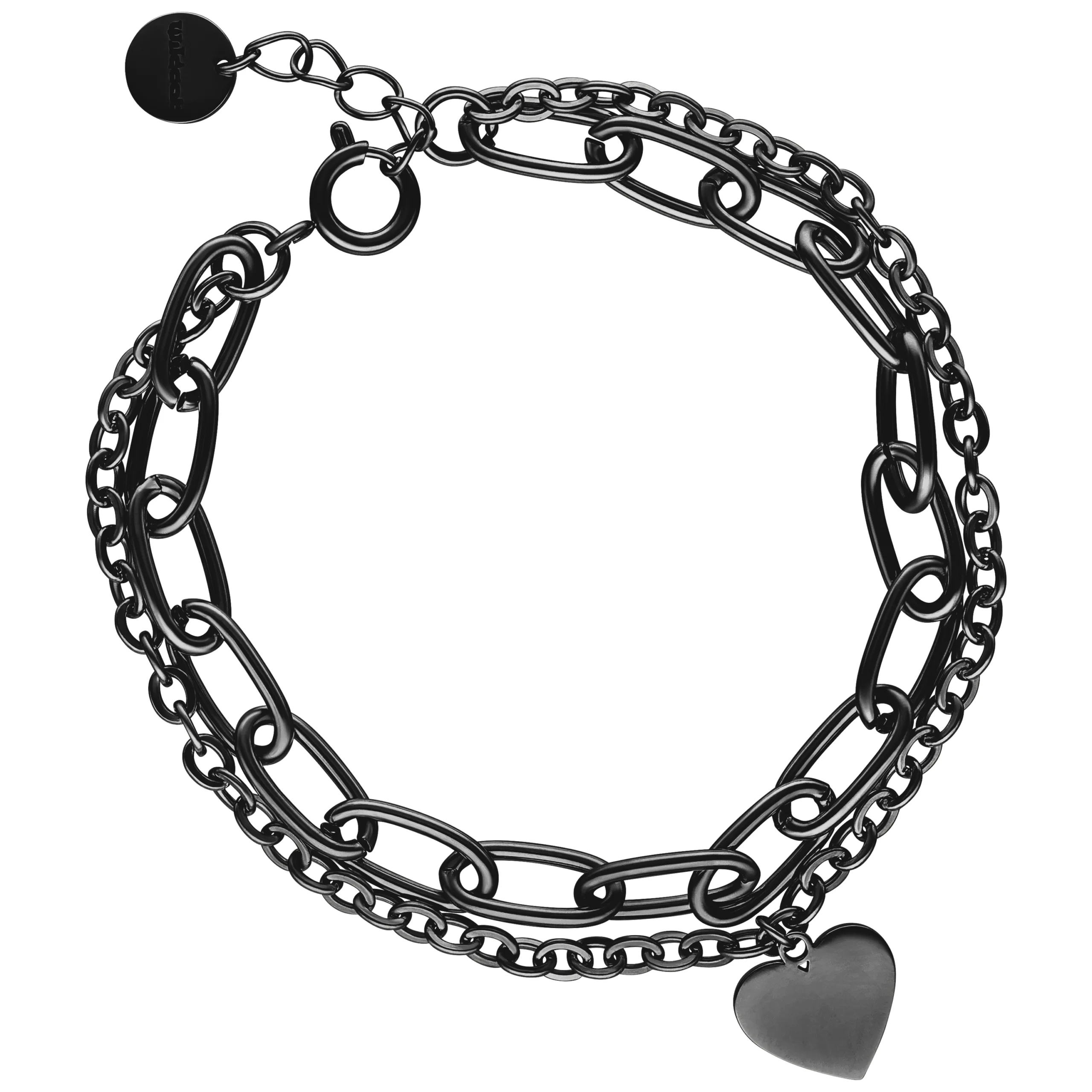 Doppelgliedriges Armband aus schwarzem Metall mit Herzanhänger auf weißem Hintergrund