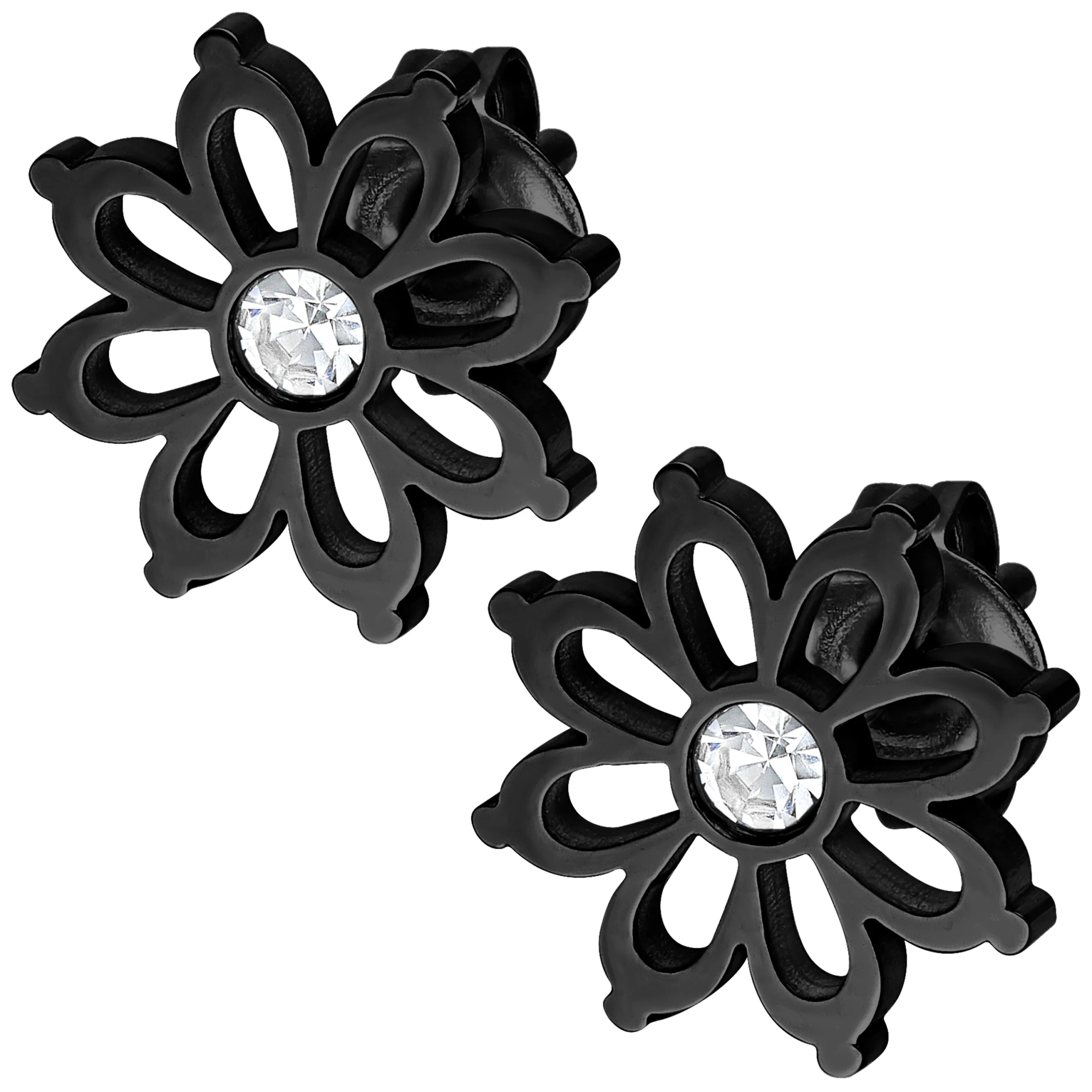 Zwei schwarze Blumen Ohrstecker aus Chirurgenstahl mit kristallklarem Stein auf weißem Hintergrund