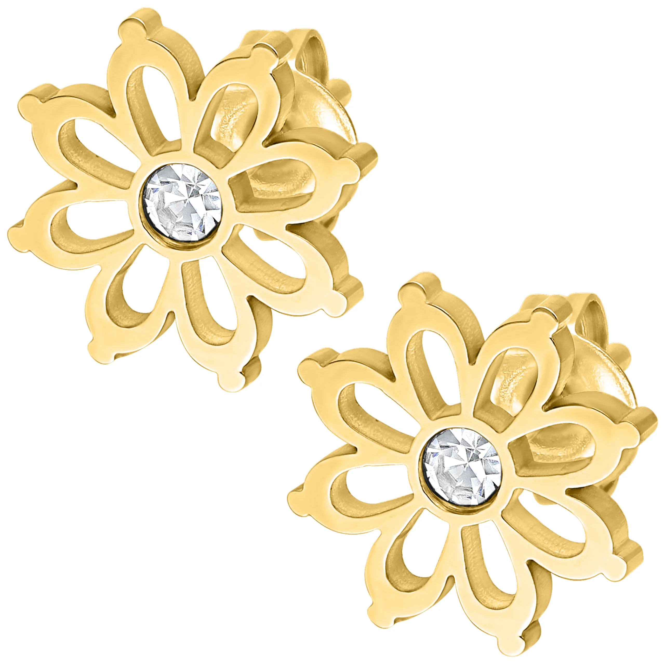 Paar goldene Blumen Ohrstecker mit klarem Kristall auf weißem Hintergrund