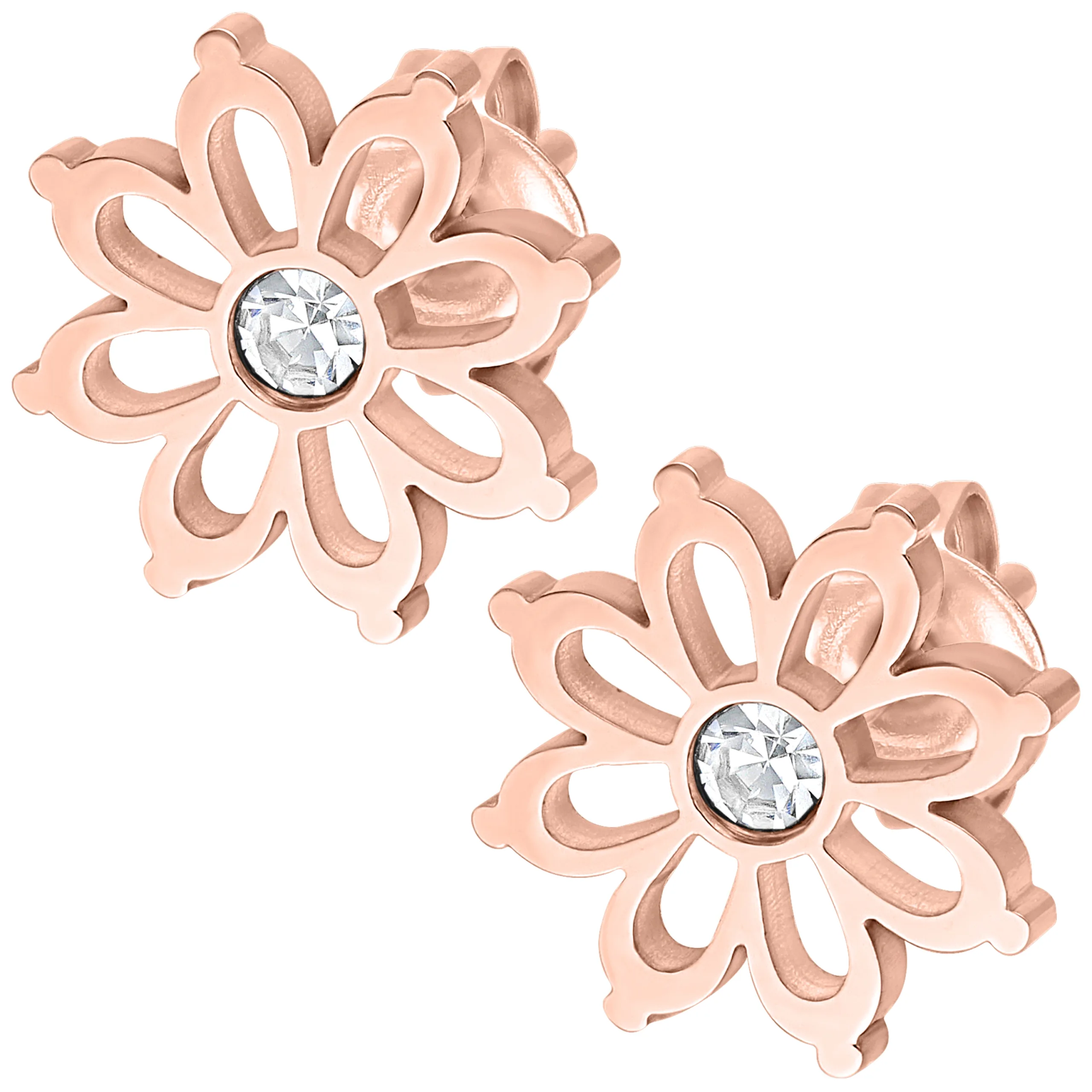 Paar roségoldene Ohrstecker in Blumenform mit klarem Kristall auf weißem Hintergrund