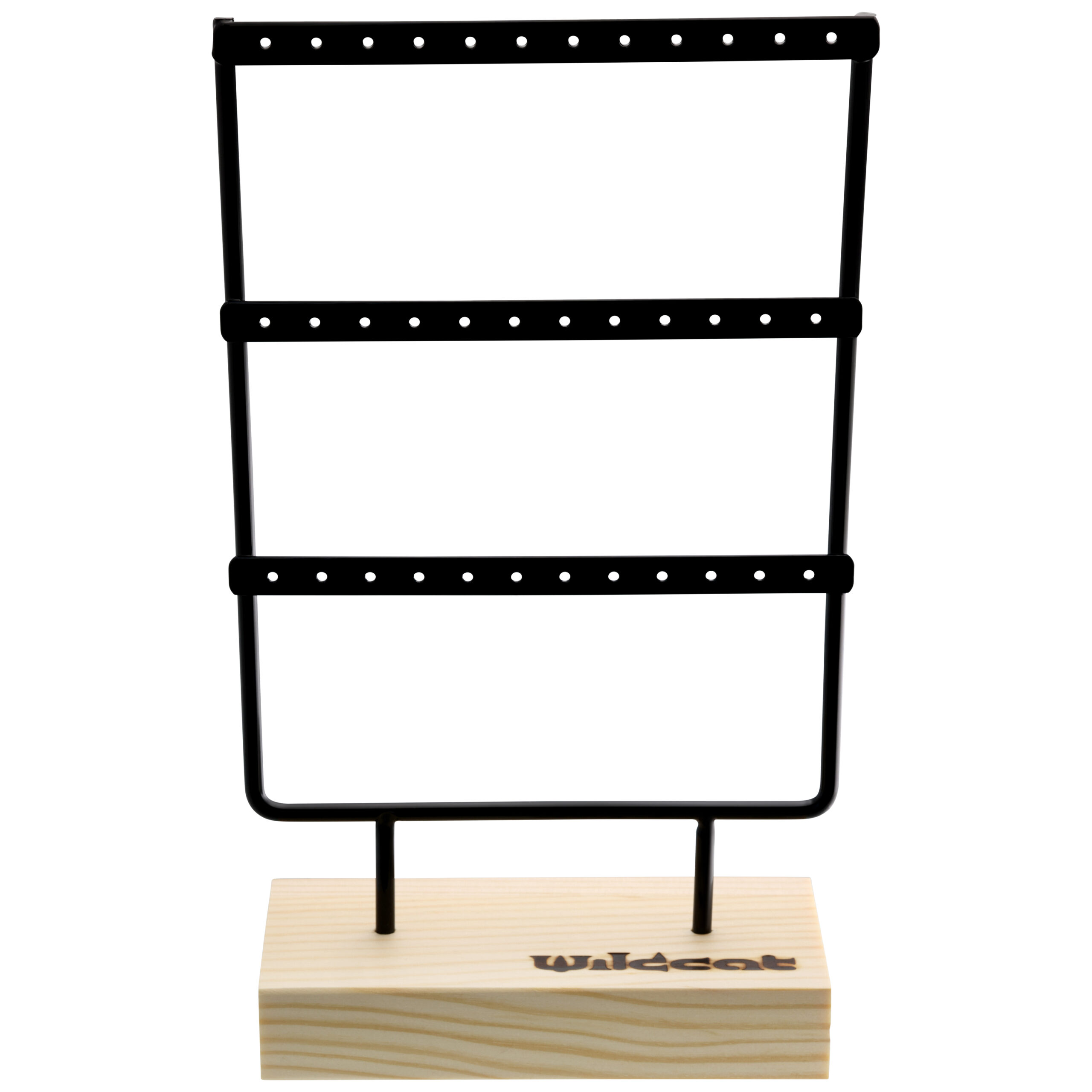 Schwarzes Metall-Display mit Holzsockel für Little Hoops, auf weißem Hintergrund