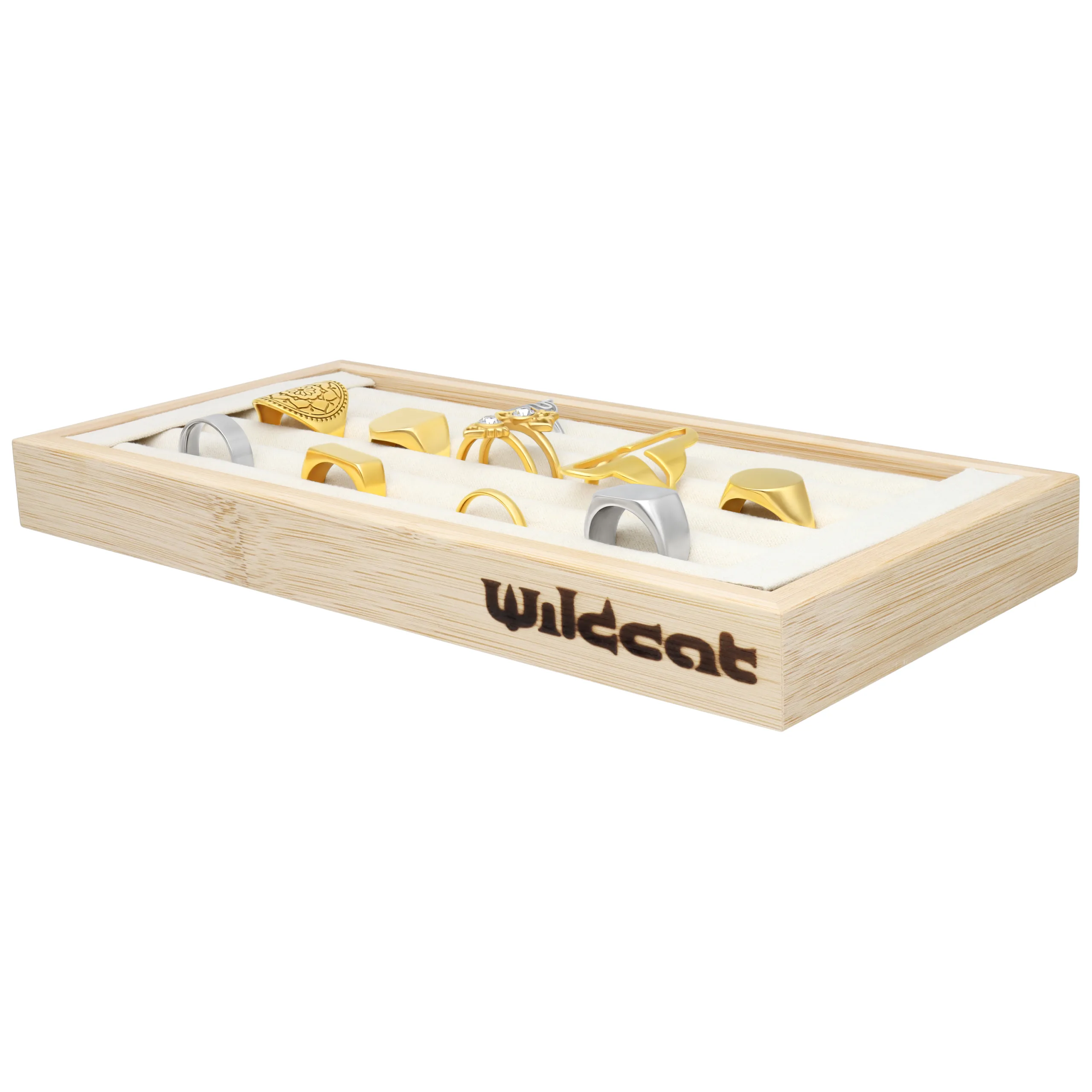 Schwarzer Ring Display von Wildcat Holzrahmen mit verschiedenen Ringen auf weißer Unterlage im Display