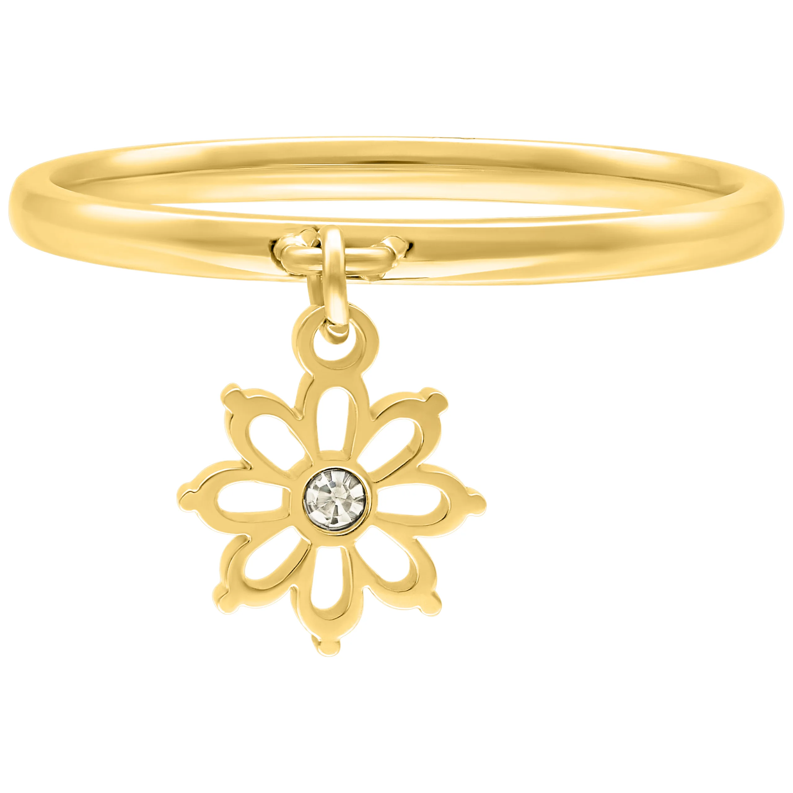 Goldener Fingerring aus Chirurgenstahl mit Blumenanhänger auf weißem Hintergrund